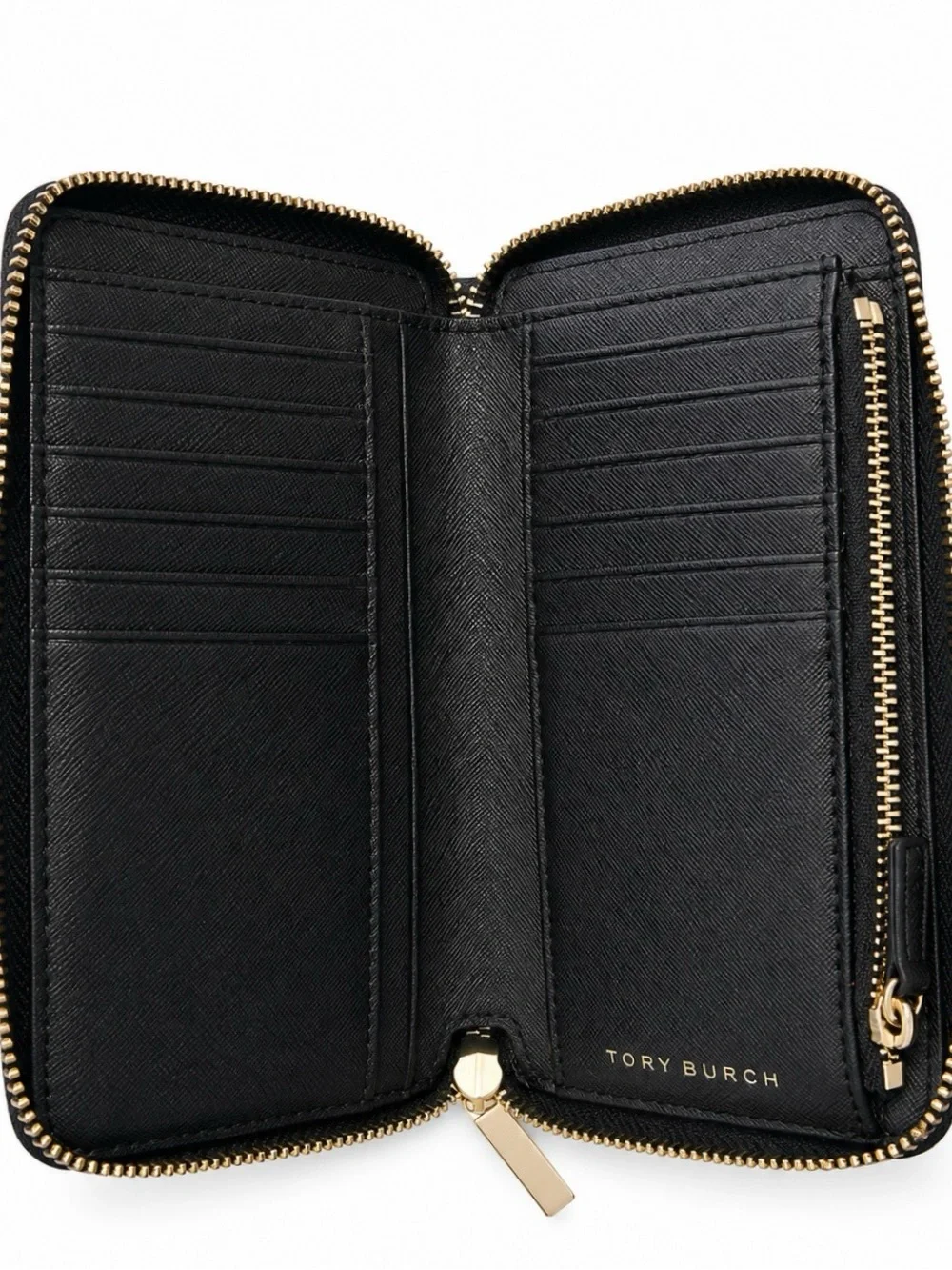 Tory Burch Emerson Continental Zip Around Wallet Black Saffiano Leather Gold